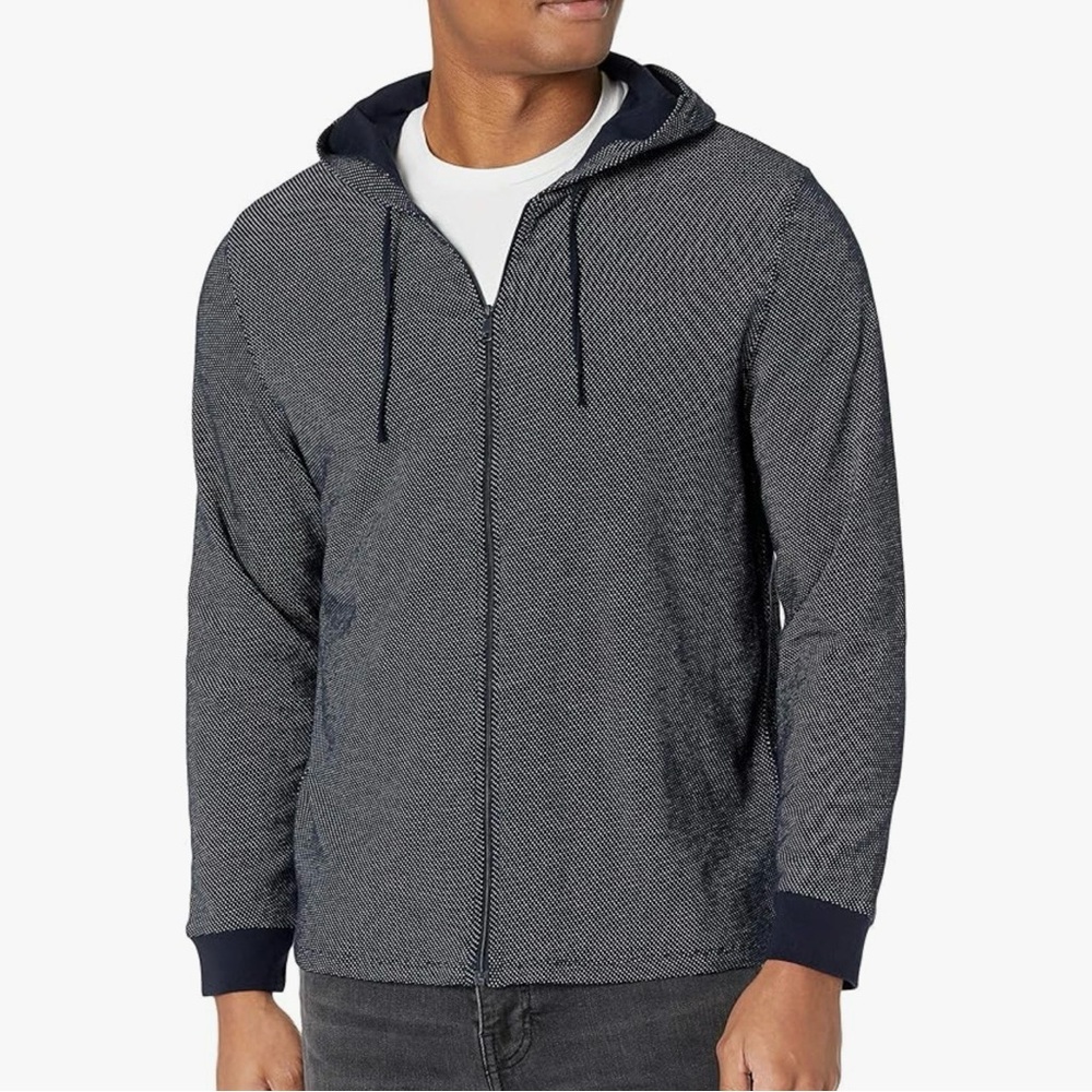 Vince Full Zip-Up Hoodie Mens XL Navy Blue Jacket Sweater White Micro Dot Casual
